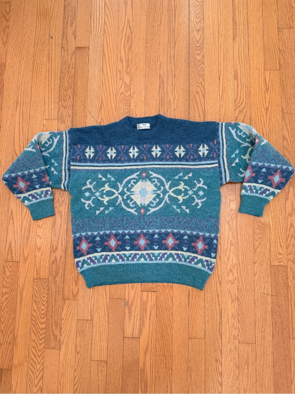 Vintage 90s Marks & Spencer Teal Patterned Crewneck Sweater with Navy Accents